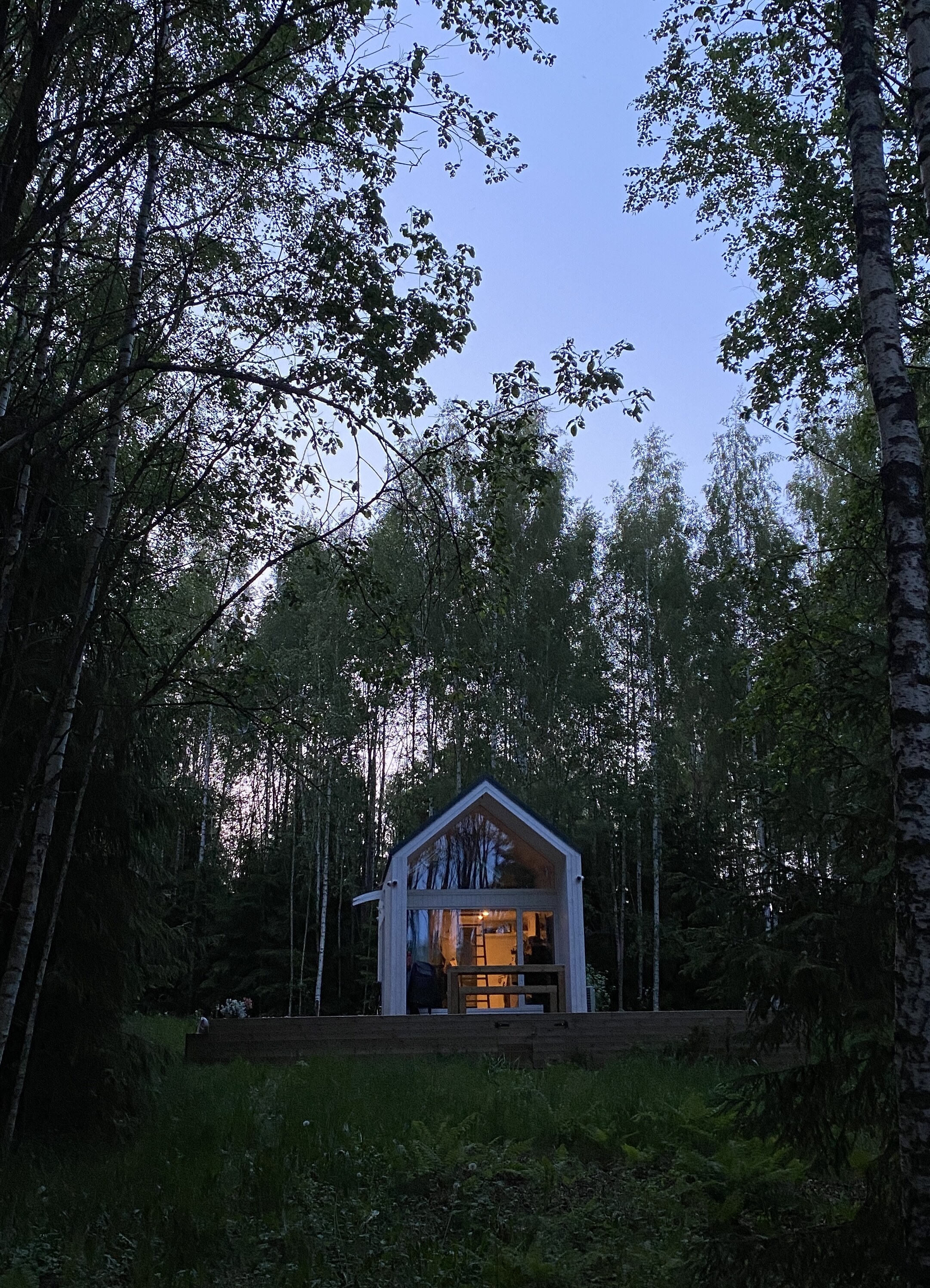 Maasikmäe puhkemaja at dusk in the birch forest